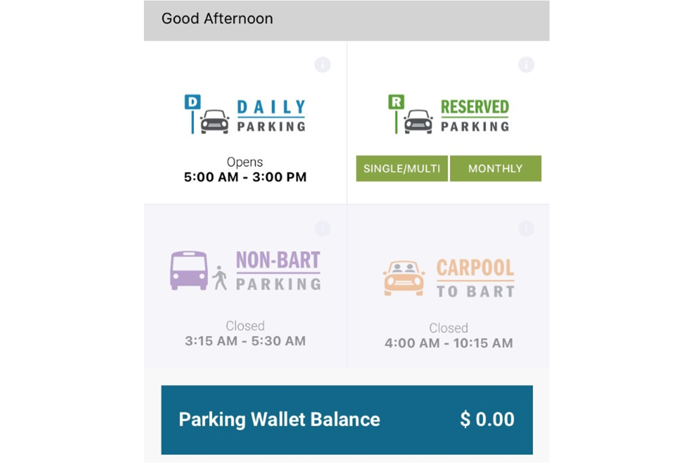 Screenshot image of the parking feature in the BART official app.