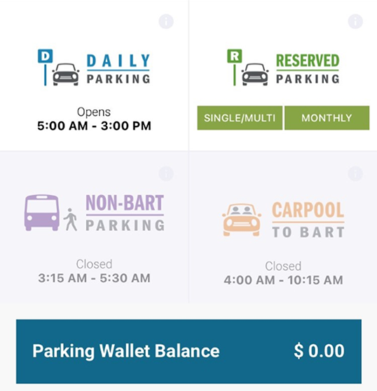 Screenshot of the parking feature in the BART official app.