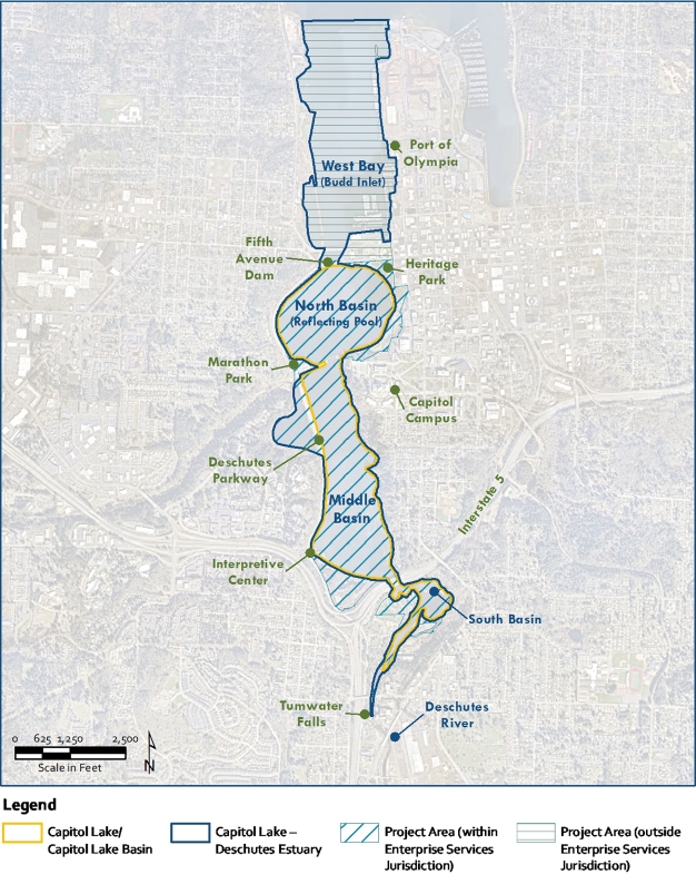 An aerial map of the project area that also shows the difference between Capitol Lake and the Capitol Lake - Deschutes Estuary. Capitol Lake is the waterbody between Tumwater Falls and the 5th Avenue Dam, and the Capitol Lake - Deschutes Estuary extends into Budd Inlet.
The map also shows the area within Enterprise Services jurisdiction, which is Capitol Lake and many of the adjacent parks, as well as the area outside of Enterprise Services jurisdiction, which is the area north of the 5th Avenue Dam.