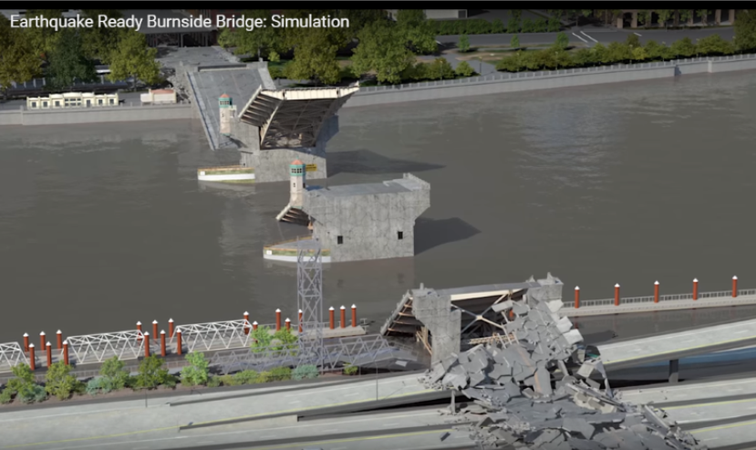 A rendering of the Burnside Bridge collapsing into the Willamette River during a magnitude 8+ earthquake. 