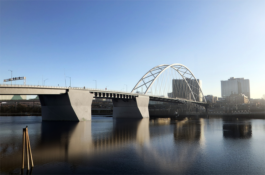 A rendering of the Burnside Bridge showing a potential tied-arch bridge type for the east approach