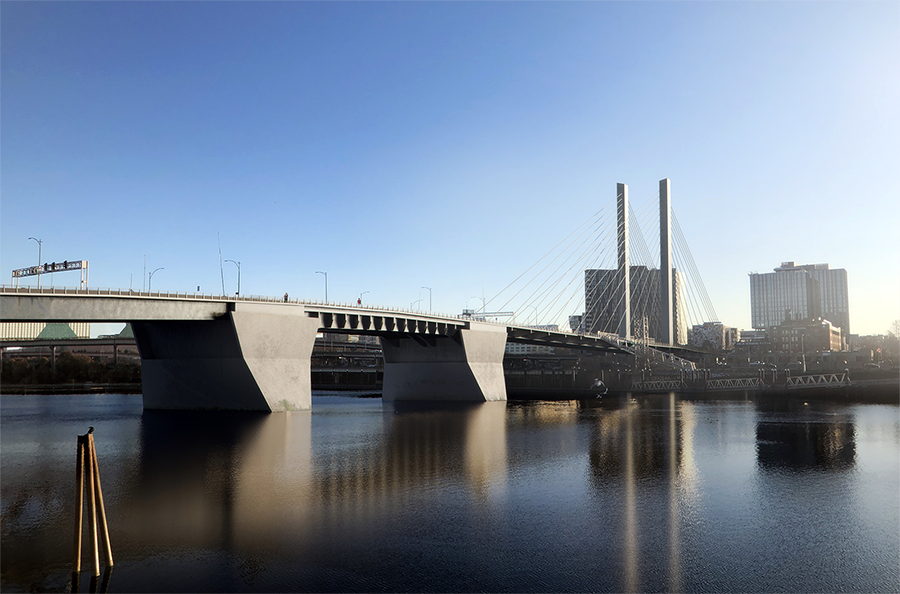 A rendering of the Burnside Bridge showing a potential cable-stayed bridge type for the east approach