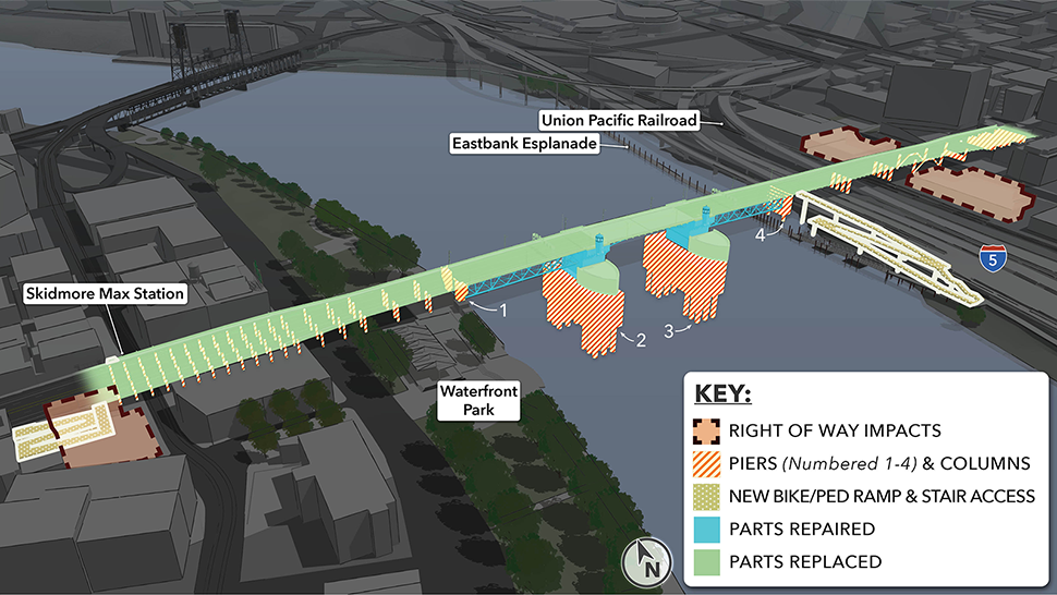 Rendering showing the right of way impacts, piers (numbered 1-4) and columns, new bike/ped ramp and stair access on the east and west approaches, parts replaced including the bridge deck and piers in the river, and parts repaired including the support columns. 