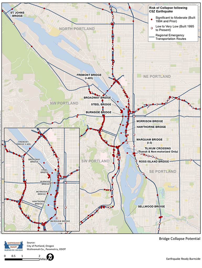 A map of the city of Portland with Regional Emergency Transportation Routes with indications of high to low-risk collapse in the event of a major earthquake. For more information, please call 503-988-5970.