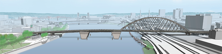 A rendering of the Burnside Bridge shows a refined girder bridge type on the west approach, a bascule bridge type for the middle movable span, and a tied-arch bridge type on the east approach.