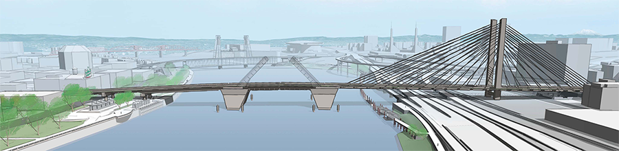 A rendering of a future Burnside Bridge shows a refined girder bridge type on the west approach, a bascule bridge type for the middle movable span, and a cable-stayed bridge type on the east approach. 