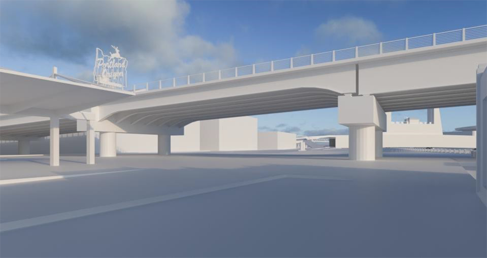 A rendering of the west approach of the Burnside Bridge showing a refined girder bridge type from Waterfront Park.