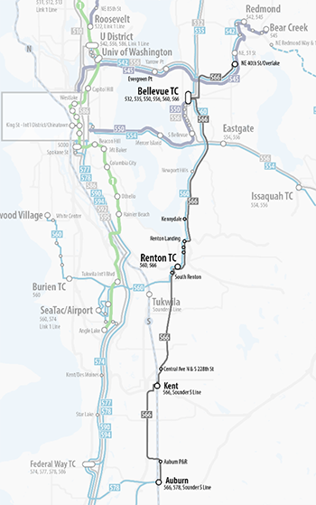 地图显示从 Sound Transit Auburn 和 Kent Station 到 Redmond Tech 的 566 号线的巴士服务。