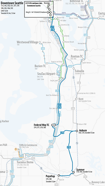DuPont 과 Lakewood 에서 Seattle Downtown 까지 운행하는 592번 노선 버스 서비스를 보여주는 지도.