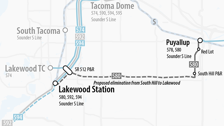South Hill과 Puyallup Station 사이의 Route 580 버스 서비스를 보여주는 지도. 지도는 또한 South Hill에서 Lakewood 구간에서 어떤 노선이 없어질 것인지 보여줍니다.