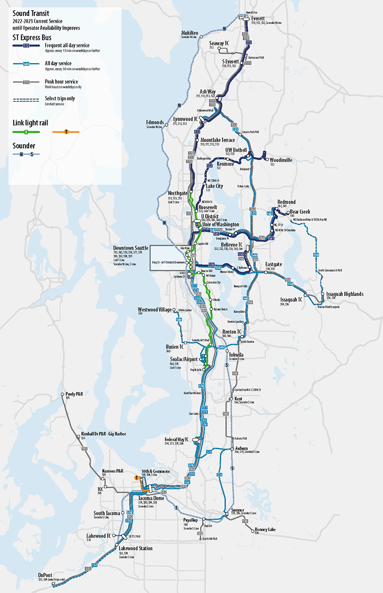 Full map of proposed Sound Transit service changes.