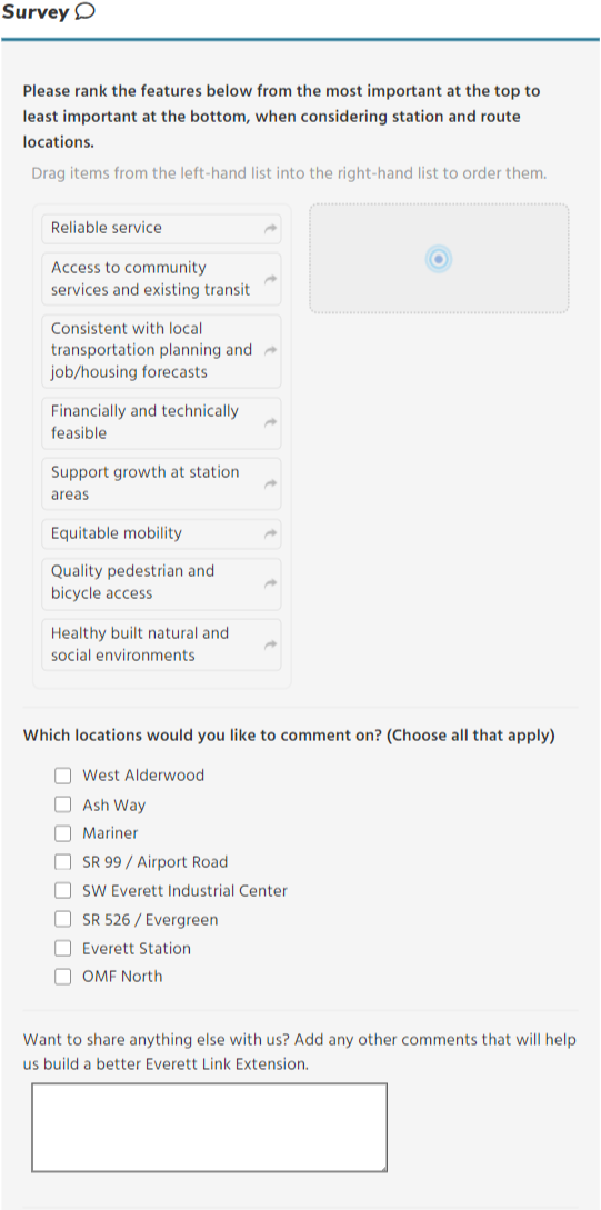 A screengrab image of a survey that was created for a participate-online website. At the top is the word “Survey” with a thought bubble icon, and a blue line. Below the line are three different survey questions. One question uses a drag and drop ordering system, another uses checkboxes, and the last uses an open-ended format. 