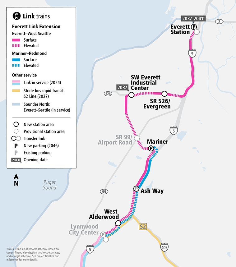 Map of the Everett Link Extension project area. The representative project parallels Interstate Five and continues north from Lynnwood City Center station on an elevated guideway, with a station in West Alderwood. The route continues on an elevated guideway to the next station located at the Ash Way Park and Ride. From Ash Way, the route moves northward on tracks that are surface level with the road, shifting to an elevated platform again as the train approaches Mariner Station, where additional parking is proposed. From Mariner station, the route continues on an elevated guideway in a northwest direction, with a provisional station located at state route ninety-nine and Airport Road. The route continues northwest on an elevated guideway and gradually comes to surface level tracks as it enters a station near state route five two six, known as the Southwest Everett Industrial Center. The route then moves east on an elevated guideway and enters the next station on surface level tracks at state route five two six and Evergreen Way. From here, the route has mixed elevated and surface level guideways that move northward, paralleling interstate five. The final station is on an elevated guideway at the existing Everett station in downtown Everett. Additional parking is proposed at the Everett station.