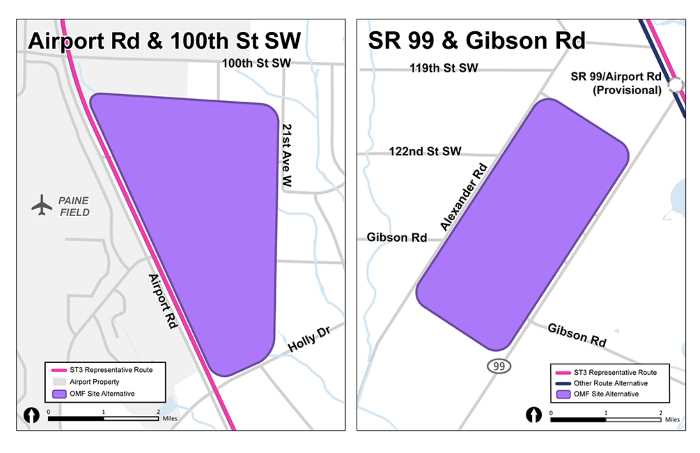 This graphic shows the estimated footprints of two Operations and Maintenance Facility alternatives, symbolized by purple shapes. On the left of the graphic another of the OMF site location alternatives is shown as a triangle with rounded points. The site alternative’s north edge runs adjacent to no roads, the west edge runs adjacent to Airport Road, the southern tip runs adjacent to Holly drive, and the eastern edge runs adjacent to 21st avenue west, but only in the northeast corner. On the right of the graphic the last OMF site alternative is shown as a rectangle. The site alternative’s north edge is not adjacent to any roads, the west edge is adjacent to Alexander road, the south edge is not adjacent to any roads, and the east edge runs adjacent to Evergreen Way.