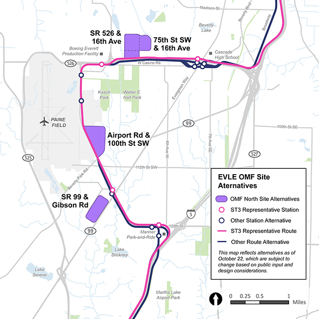 This map reflects alternatives as of August 2022, which are subject to change based on public input and design considerations. This map shows four Operation and Maintenance Facility, OMF for short, location alternatives alongside the Representative Route. The OMF Site Location alternatives are symbolized by purple shapes and the Representative Route is indicated by a pink line. The Representative Route runs adjacent to interstate 5 south and turns west alongside State Route 526. The first OMF Site Location alternative is at the intersection of state route 526 and Hardeson Road followed by another OMF Site Location Alternative at the intersection of 80th street SW and 16th Avenue. The Representative Route turns south at Airport Road, and another OMF Alternative Site Location is at the intersection of Airport Road and 100th Street southwest as the Route travels on Airport Road directly east of Paine Field. An additional OMF Site Location Alternative is located at the intersection of state route 99 and Gibson Road as the Representative Route veers southeast, following the curve of Airport Road as it turns into 128th Street southwest. The Representative Route follows 128th street southwest and curves through the Mariner Park-and-Ride to follow the course of interstate 5 South.