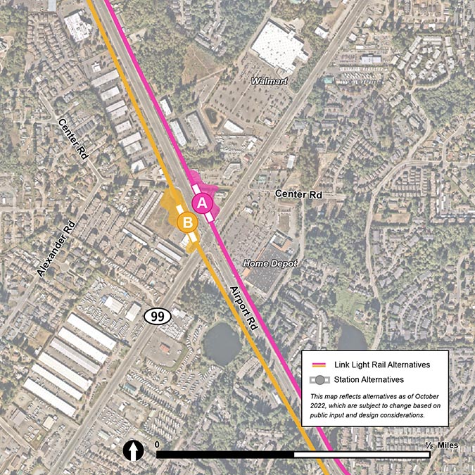 he SR 99 / Airport Road station alternatives estimated footprints are shown on the map above.