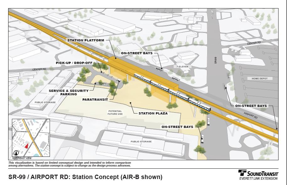 This 3-D rendering shows a conceptual design for the elevated SR-99 Airport Rd B station alternative. A white and blue Link light rail train with four cars sits on a yellow track. The yellow track enters in the top left corner of the rendering, and exits in the bottom right corner of the rendering. In the center of the rendering, in the middle of the length of track, a short, narrow yellow rectangle symbolizes the elevated station design and is labelled station platform. The elevated station travels along the length of the track for a short distance, and is supported by two larger rectangles which reach from the ground up to the elevated track and station. Below the elevated track and station is a small looping street lined with trees with cars and buses which is labeled pickup/drop-off, service & security parking and paratransit. The area directly under the station itself which is not a road is colored a light tan and is labeled transit plaza. Surrounding the station area and elevated railway are a number of 3-D buildings symbolized by white rectangles, including 7-Eleven to the northeast, and public storage to the southwest.In the bottom left corner of the rendering is a small square containing a map of the station area. The track and station are symbolized in this map by a yellow line, and the viewer’s location is symbolized by a red triangle pointing northeast.                            