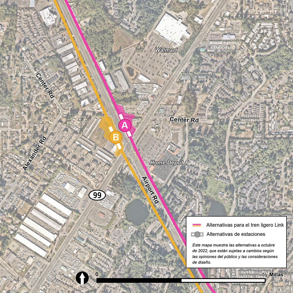 Los impactos estimados de las alternativas de la estación SR 99 / Airport Road se muestran en el mapa de arriba.
