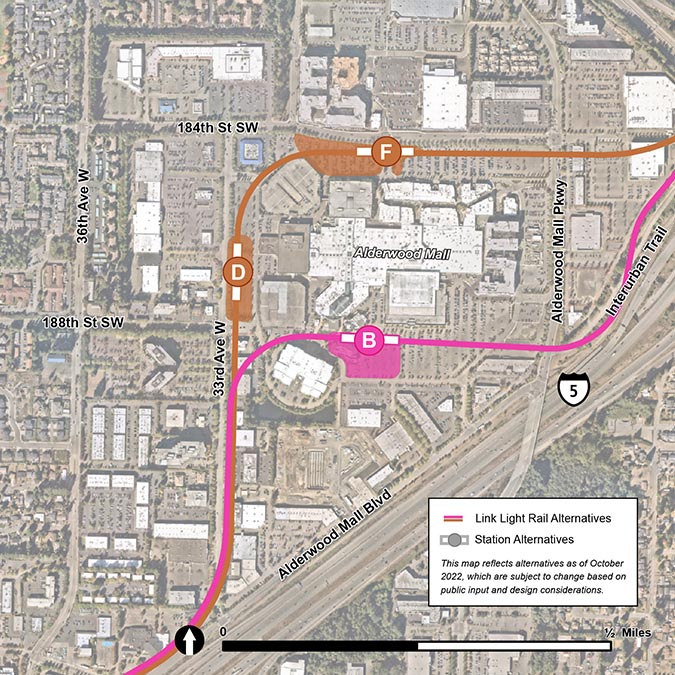 Map showing the three West Alderwood station alternatives and their respective footprints. A pink like following Alderwood Mall Blvd/I-5 before turning north along 33rd Ave West symbolizes the representative project. The pink representative route line turns east at 188th St SW and travels between the Alderwood Mall parking garage and the mall itself. Station alternative B, symbolized by a pink circle with the letter B in it, is located on this pink line just south of the mall. The station alternative’s footprint is symbolized by a faint pink rectangular shape which covers some of the existing parking lot south of the mall. The other possible route proposed by this map is represented by a brown line, and splits off of the pink representative route where it turns east at 188th St SW and instead continues north along 33rd Ave W. Station alternative D, symbolized by a brown circle with the letter D in it, is located west of Alderwood Mall, and just north of the intersection of 33rd Ave W and 188th St. SW. The station alternative’s footprint is represented by a faint, narrow brown rectangle aligned north to south. The brown alternative route continues on 33rd Ave W north past station alternative D and curves east along 184th St SW. Station alternative F is located directly north of Alderwood Mall, and is symbolized by a brown circle with the letter F in it. The station alternative’s footprint is represented by a faint brown semi-circle like shape. The pink and brown routes converge north east of the Alderwood Mall, and the route continues north along I-5. 