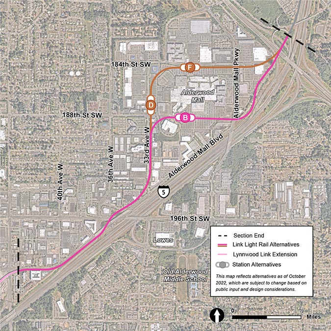 This map reflects West Alderwood alternatives as of October 2022, which are subject to change based on public input and design considerations. 
                                Map shows the area around Alderwood Mall and where the routes run between other stations to the north and south. All route and station options for West Alderwood are located northwest of interstate five and south of state route 525. Three station alternatives are labelled ALD-B, ALD-D, and ALD-F. Two route alternatives are shown in pink and brown. Station options are labelled on the potential route lines to show where stations fall on the route alternatives. All route alternatives in this area begin on the west side of interstate five. The pink route alternative is the representative project and runs along Interstate five, then north at Thirty-Third Avenue west. It then runs south of Alderwood Mall and then continues north along the west side of interstate five. Station alternative ALD-B is on this route, located on the south side of the mall.  The ALD-brown route alternative follows 33rd avenue west north then turns east and follows 184th street southwest. Station alternative ALD-D is on 33rd avenue northwest, just north of 188th street southwest. ALD-F is on the ALD-brown route north of Alderwood Mall.