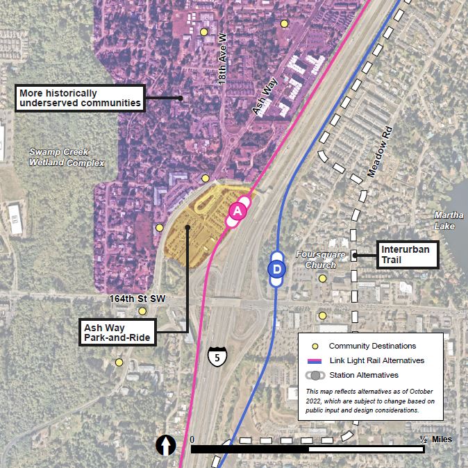 Map showing the Ash Way station area with community features and destinations such as significant businesses, community services and features such as parking and existing transit. The map shows where the route and station alternatives are located compared with existing community features and destinations. The map also shows areas that include more historically underserved communities, colored purple on the map. This area generally includes the neighborhood stretching north from 164th Street SW and west from interstate five.