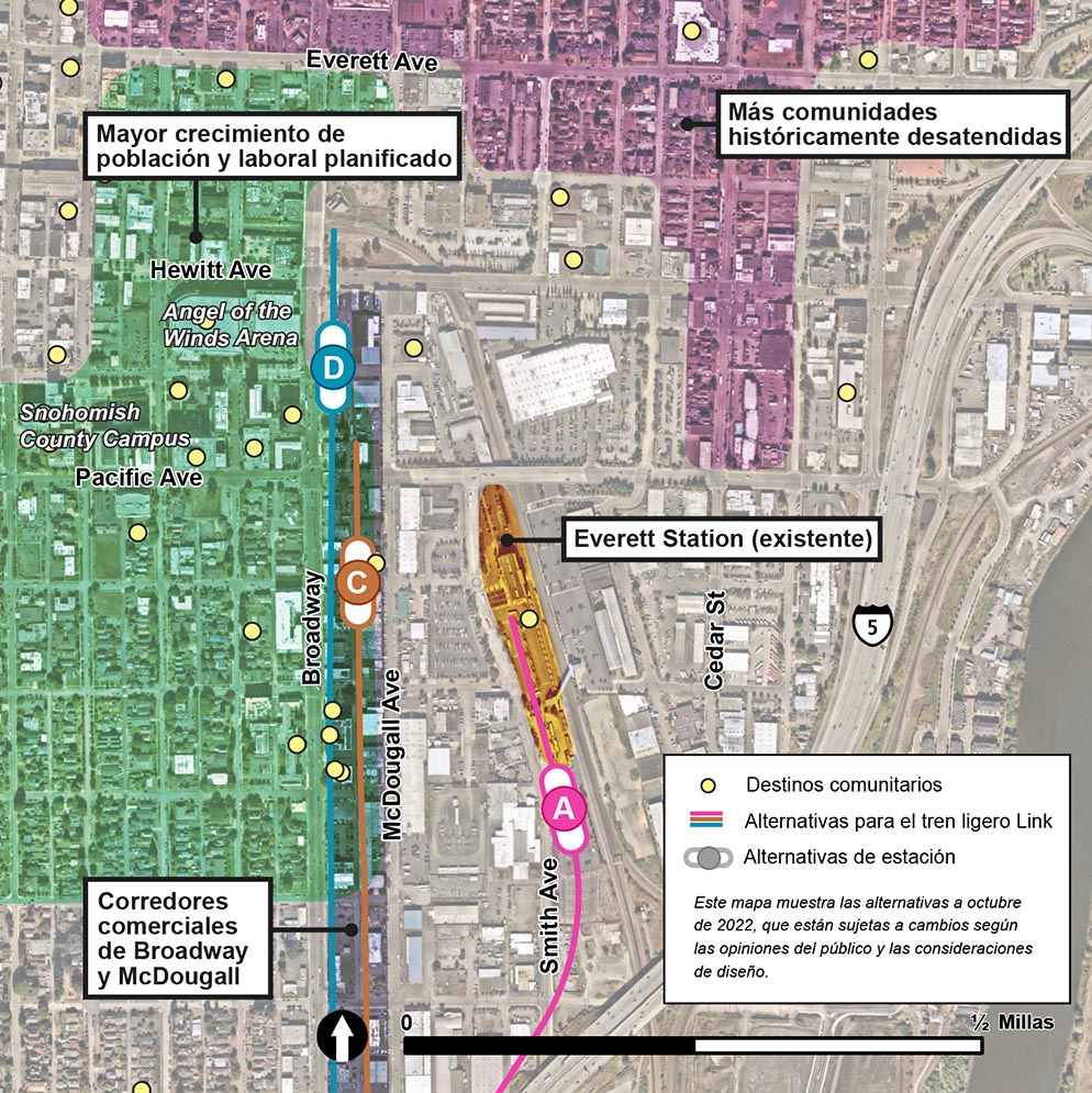 Este mapa muestra las alternativas a agosto de 2022, que están sujetas a cambios en función de las opiniones del público y las consideraciones de diseño. El mapa muestra las tres alternativas de Everett Link Station, EVT-A, EVT-C y EVT-D, y su proximidad a varios elementos comunitarios alrededor de la comunidad de Everett. La alternativa A de la Everett Station está representada por un círculo rosa con la letra A, y la ruta que la acompaña se muestra como una línea rosa. La alternativa C de la Everett Station está representada por un círculo anaranjado con la letra C, y la ruta que la acompaña se muestra como una línea anaranjada. La alternativa D de la Everett Station está representada por un círculo azul con la letra D, y la ruta que la acompaña se muestra como una línea azul. Ciertas áreas en la comunidad están resaltadas. Hemos resaltado con color verde claro la sección oeste de Broadway, tanto al norte como al sur de Pacific Avenue, porque esta área ha sido identificada como un área que se planea tendrá un mayor crecimiento laboral y de población. Hemos resaltado con color púrpura la parte norte de la Everett Ave y unas pocas cuadras al sur porque esa área ha sido identificada como una zona con comunidades más desatendidas históricamente. Hemos resaltado con color azul oscuro la zona entre McDougal Avenue y Broadway porque esta área se identificó como corredores comerciales de Broadway y McDougall. La Everett Station, al oeste de la Smith Avenue y al sur de la Pacific Avenue, está resaltada en color naranja. Otros destinos comunitarios están representados por pequeños puntos de color amarillo claro.