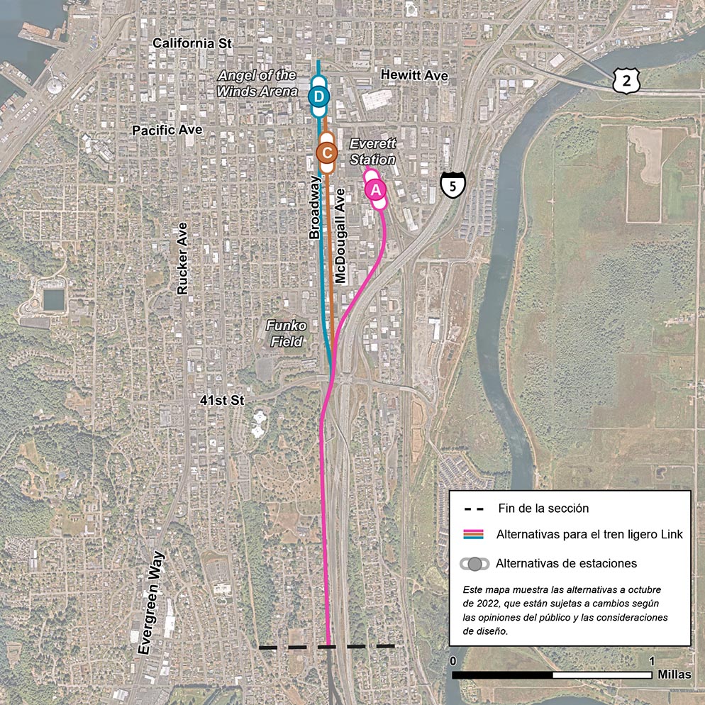 Este mapa muestra las alternativas de ruta y estación de I-5 / Broadway a agosto de 2022, que están sujetas a cambios en función de las opiniones del público y las consideraciones de diseño. Mapa que muestra el área aproximadamente delimitada por la Interstate Five y el Snohomish River al este, Marine View Drive y Norton Street al oeste, Everett Avenue al norte y Forty-First Street al sur. Las tres alternativas de estaciones están marcadas como A, C y D, y cada alternativa tiene una ruta única de color rosa, dorado y azul, respectivamente. La ruta alternativa de la estación rosa A, recorre la Interstate Five antes de desviarse de la autopista a lo largo de Smith Avenue, con la estación alternativa A ubicada justo al sur de Smith Avenue y Thirty-Third Street, adyacente a la estación Everett existente. La ruta alternativa de la estación dorada C, sigue la McDougall Avenue, con la estación alternativa C ubicada en la 32nd Avenue. La ruta alternativa de la estación azul D, sigue a Broadway hasta el centro de Everett, con la estación alternativa D ubicada en Broadway entre Hewitt Avenue y Wall Street, inmediatamente adyacente a Angel of the Winds Arena.