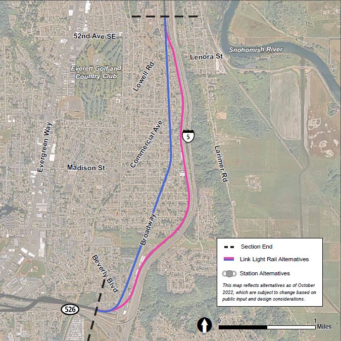 This map reflects the I-5 / Broadway route and station alternatives as of October 2022, which are subject to change based on public input and design considerations. The area is shown in a zoomed-out view that illustrates the potential routes stretching from Evergreen to the area south of downtown Everett. Map shows the I-5 route alignment in this area, running along I-5 from Evergreen to downtown Everett. The map also shows the Broadway route alignment, which turns north from SR 526 near Cascade High School and runs along Broadway to downtown Everett.