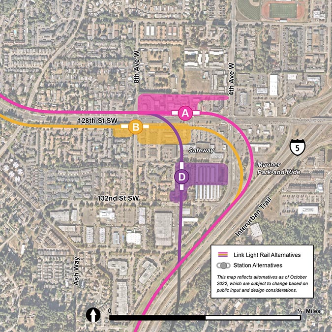 The Mariner station alternatives’ estimated footprints are shown on the map above. Everett Link Extension is still in the planning phase, so the station footprints are not final.