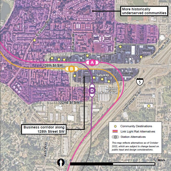 Map showing the Mariner station area with community features and destinations such as significant businesses, community services and features such as parking and existing transit. The map shows where the route and station alternatives are located compared with existing community features and destinations. The map also shows areas that include more historically underserved communities, colored purple on the map. This area encompasses the majority of the surrounding area, generally west of interstate five and north of 132nd Street SW. The map also shows the business corridor in the station area, which is congregated around 128 Street SW from interstate five to just west of 8 Avenue West.