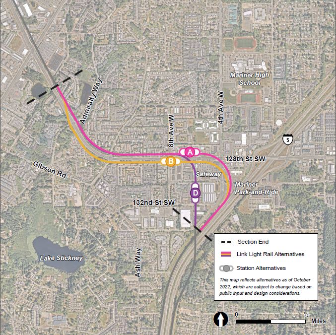 This map reflects the Mariner route and station alternatives as of October 2022, which are subject to change based on public input and design considerations. The station area is shown in a zoomed-out view that illustrates the potential routes stretching from the Mariner to SR 99 Airport Road. Map shows the Mariner station area, located near 128th Street SW between interstate five and 8th Avenue West. The three station alternatives shown in the area are labeled A, B and D and show where they fall on the route alternative. The three route alternatives shown are colored pink (where A is located), yellow (where B is located) and purple (where D is located). The pink route is the representative route. It runs along the west side of interstate five and turns west along the north side of 128th Street SW. Station alternative A is located just east of 8th Avenue West. The yellow route runs along the west side of interstate five and turns west along the south side of 128th Street SW. Station alternative B is located at the intersection of 128th Street SW and 8th Avenue West. The purple route turns north from the west side of interstate five to 4th Avenue West, to the west of the existing Safeway. The route then turns west to run along the north side of 128th Street SW. Station alternative D is located on 4th Avenue West, just southwest of the Safeway.