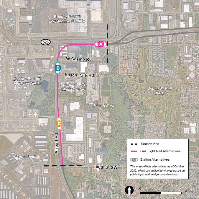 This map reflects the Southwest Everett Industrial Center route and station alternatives as of October 2022, which are subject to change based on public input and design considerations. Map shows the Southwest Everett Industrial Center station area, located in the area where Airport Road turns right onto SR 526. The three station alternatives shown near the area are labeled A, B and C. The only route alternative is shown, colored pink. All three station alternatives are located along this route.The pink route runs along the east side of Airport Road, near Paine Field and Boeing, before turning east onto SR 526. Station C is located just north of Paine Field, station B is located near Kasch Park Road, and station A is located on SR 526 near West Casino Road.